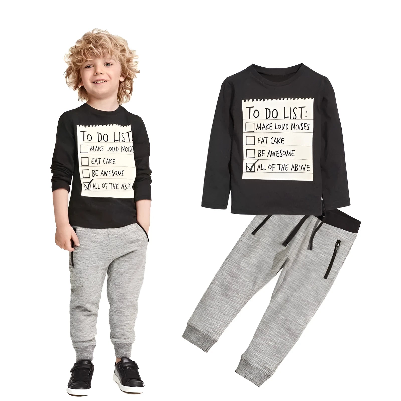 Boys cotton two-piece suit with long sleeve t-shirt and pants, letter pattern design