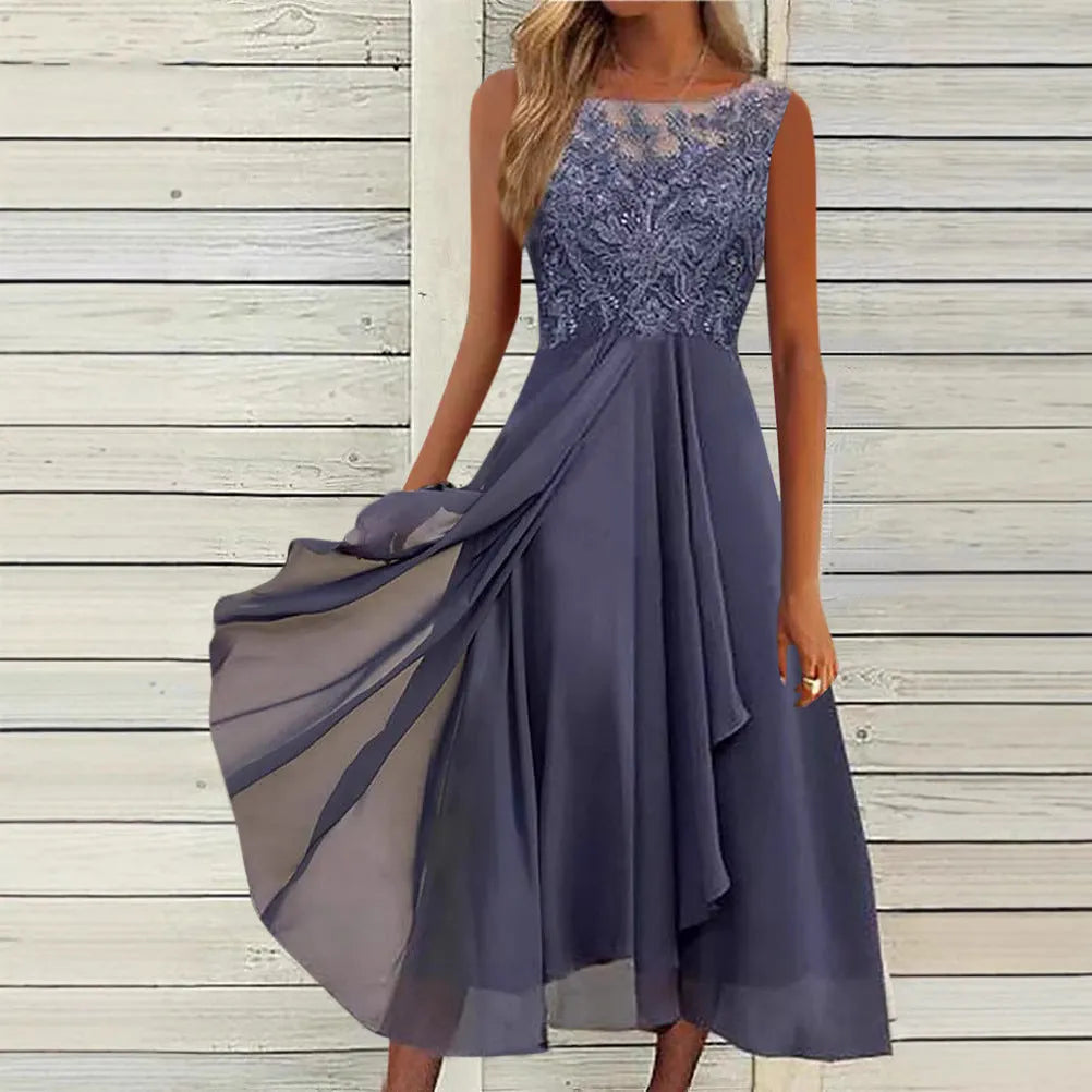 Women's sleeveless lace hollow-out chiffon dress in blue, green, or purple, mid-length skirt, princess style.