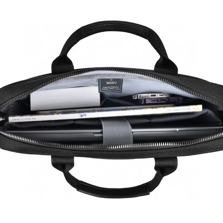 Black Oxford cloth laptop backpack showing multiple compartments and lock feature.