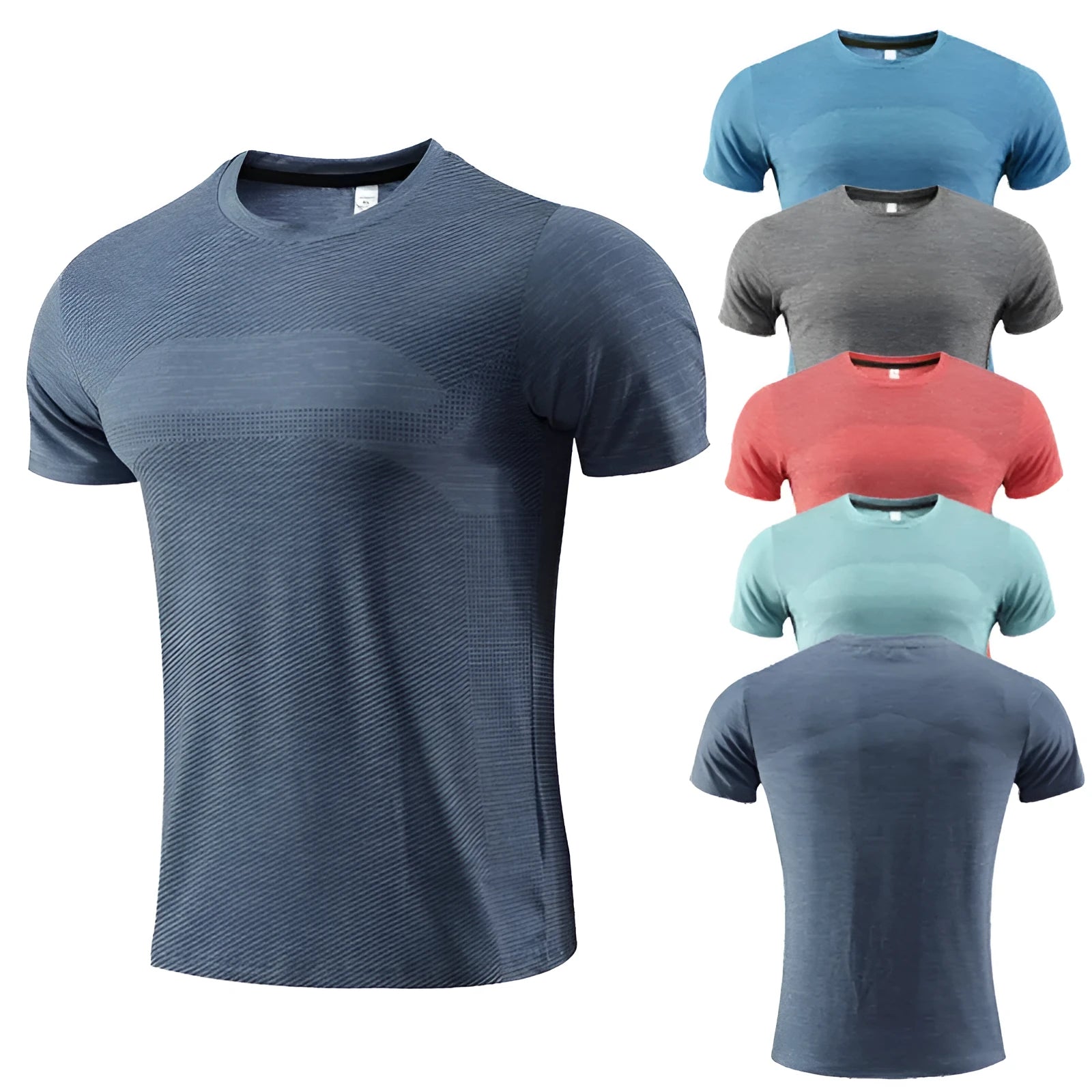 Men's short sleeve sports t-shirt in polyester spandex for running and basketball workouts.