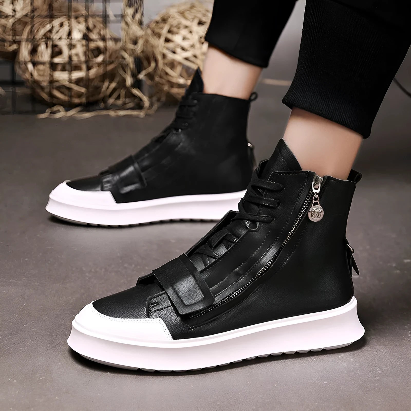 Men's black and white PU leather ankle boots in a high-top sneaker style for winter.