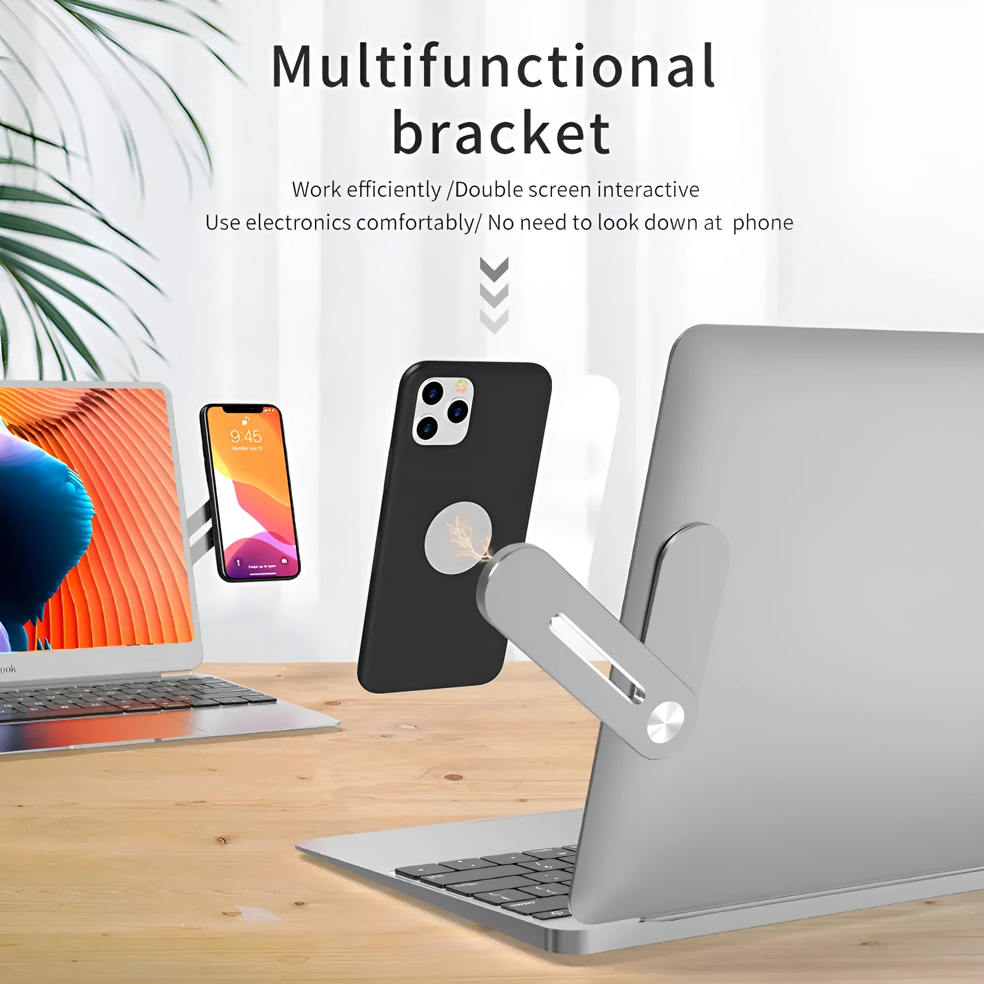 Silver aluminium laptop side mount bracket holding a mobile phone next to a laptop screen.