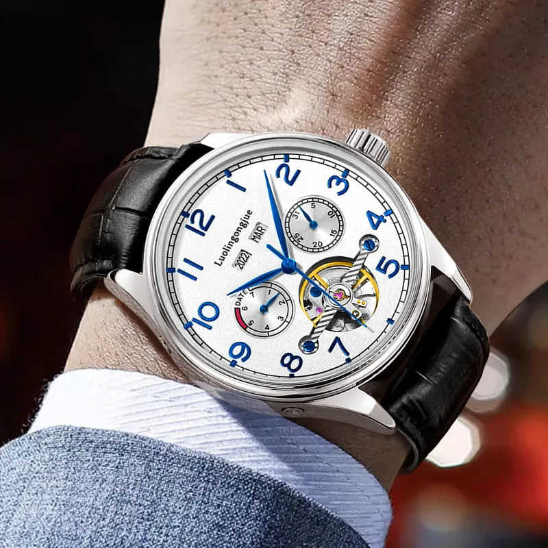Men's stainless steel mechanical business watch with sapphire crystal and leather strap