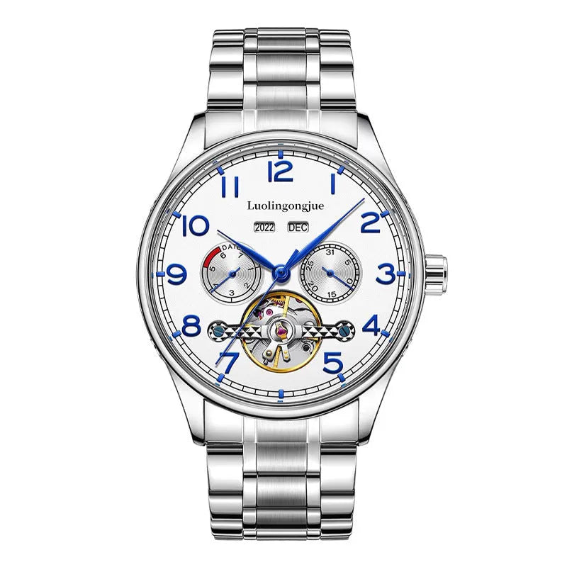 Men's stainless steel mechanical business watch with sapphire crystal and leather strap