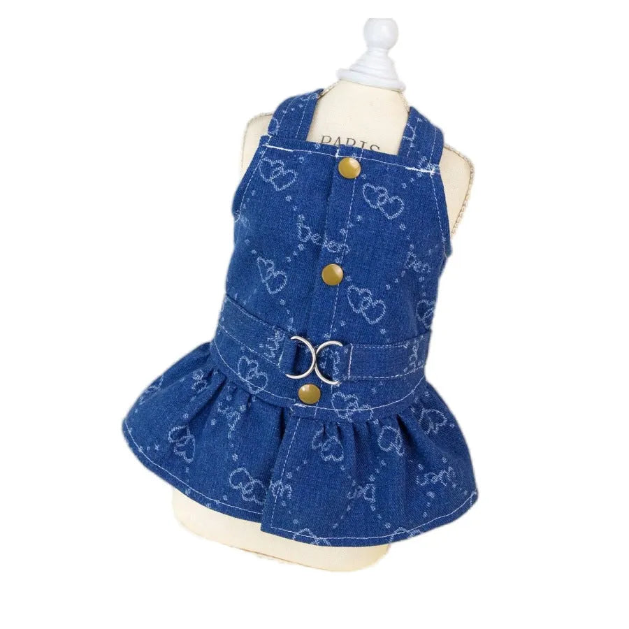 A small white Bichon dog wearing a light blue denim princess dress with a brace skirt design.