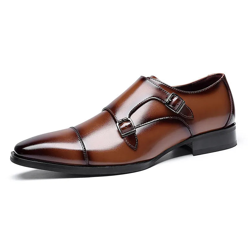 Men's black and light brown leather business shoes with square toe design and rubber soles