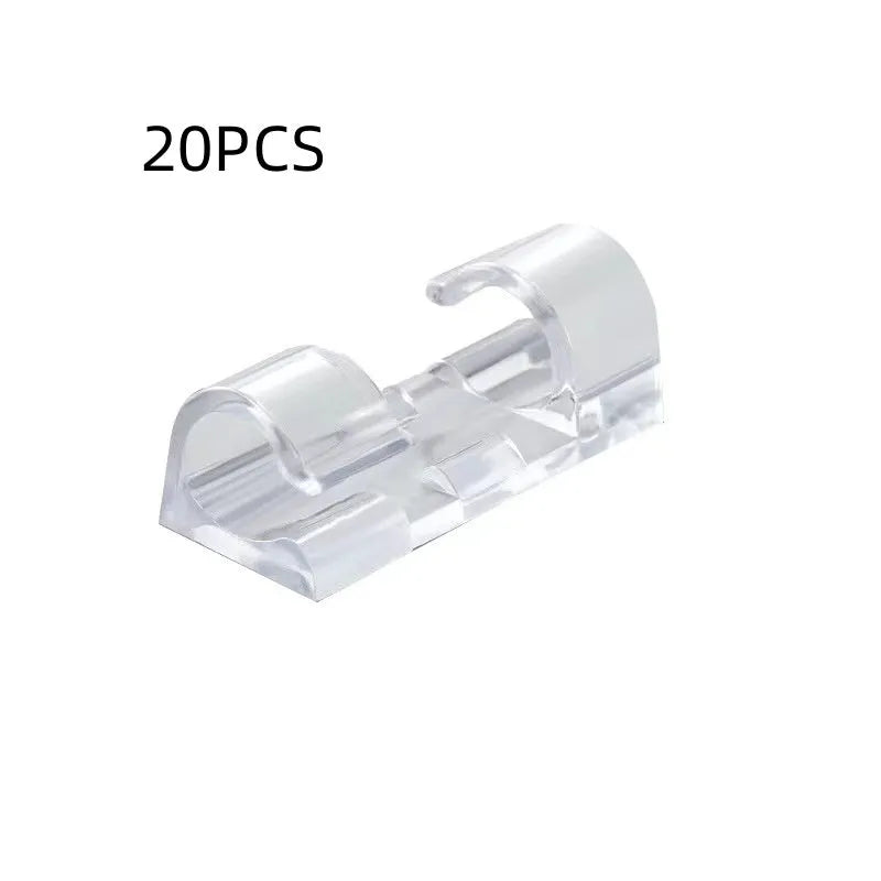 Transparent plastic self-adhesive cable routing clips in four sizes for wire organisation