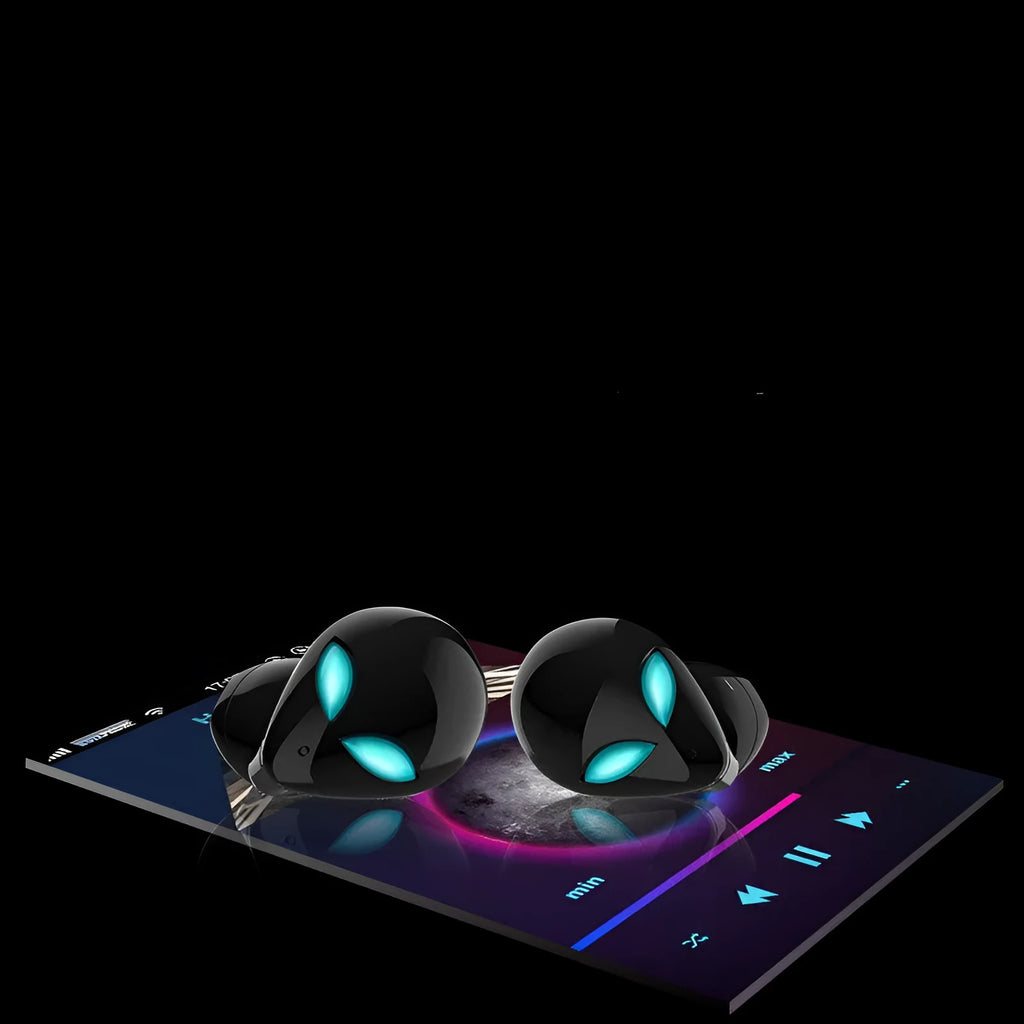 Creative Outer T8 Starman alien-design Bluetooth earbuds with red LED lights and wireless charging case.