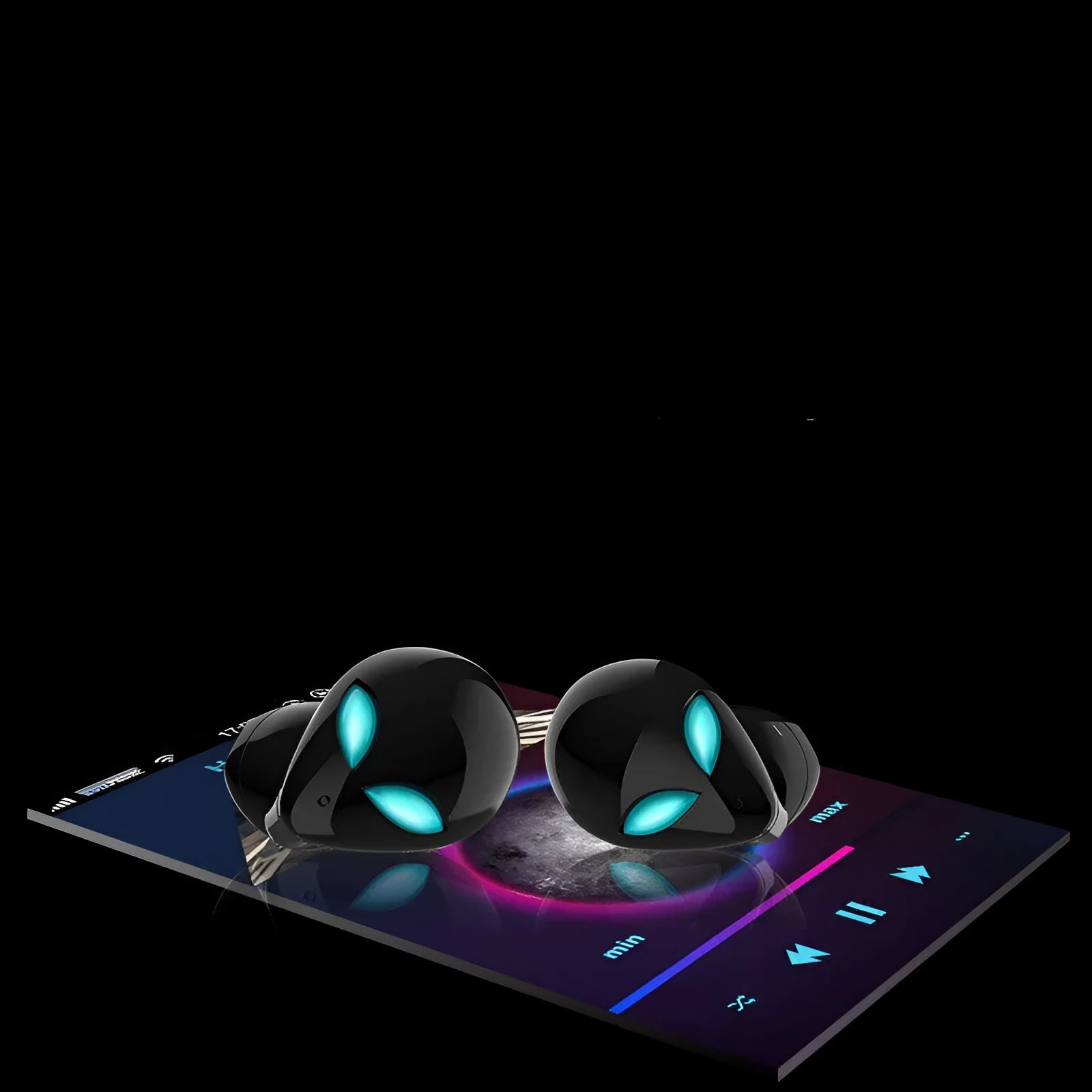Creative Outer T8 Starman alien-design Bluetooth earbuds with red LED lights and wireless charging case.