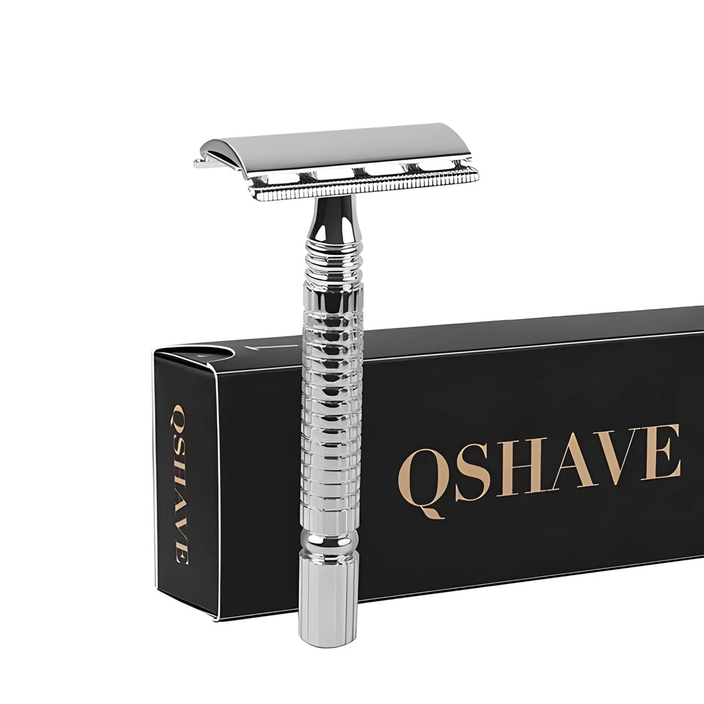 Chrome-plated double edged safety razor with textured handle and storage box.