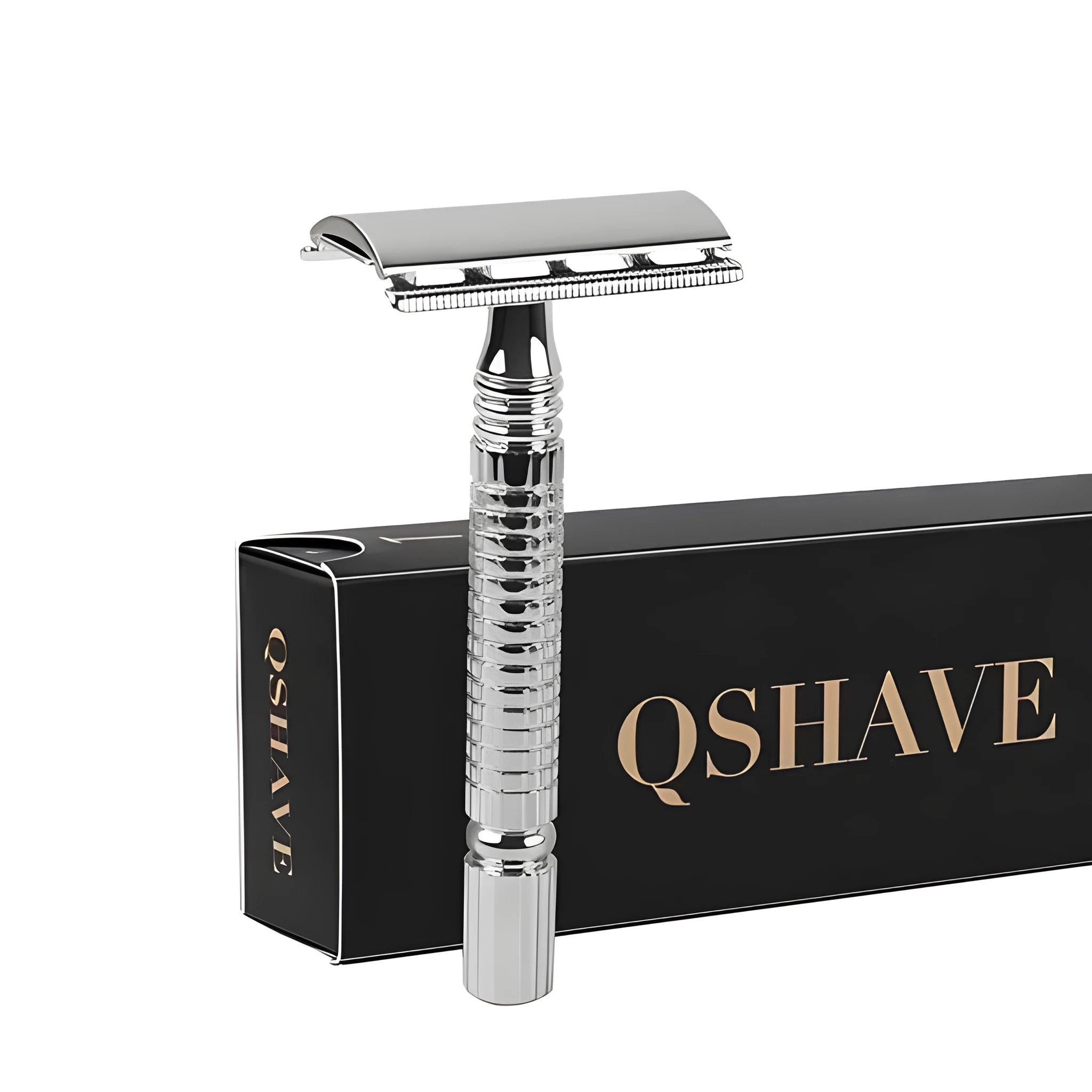 Chrome-plated double edged safety razor with textured handle and storage box.