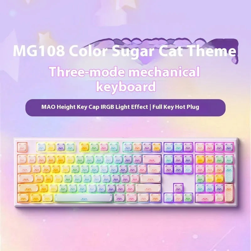 MG108B colour Sugar Cat mechanical keyboard with cat-themed keycaps and compact 108-key layout