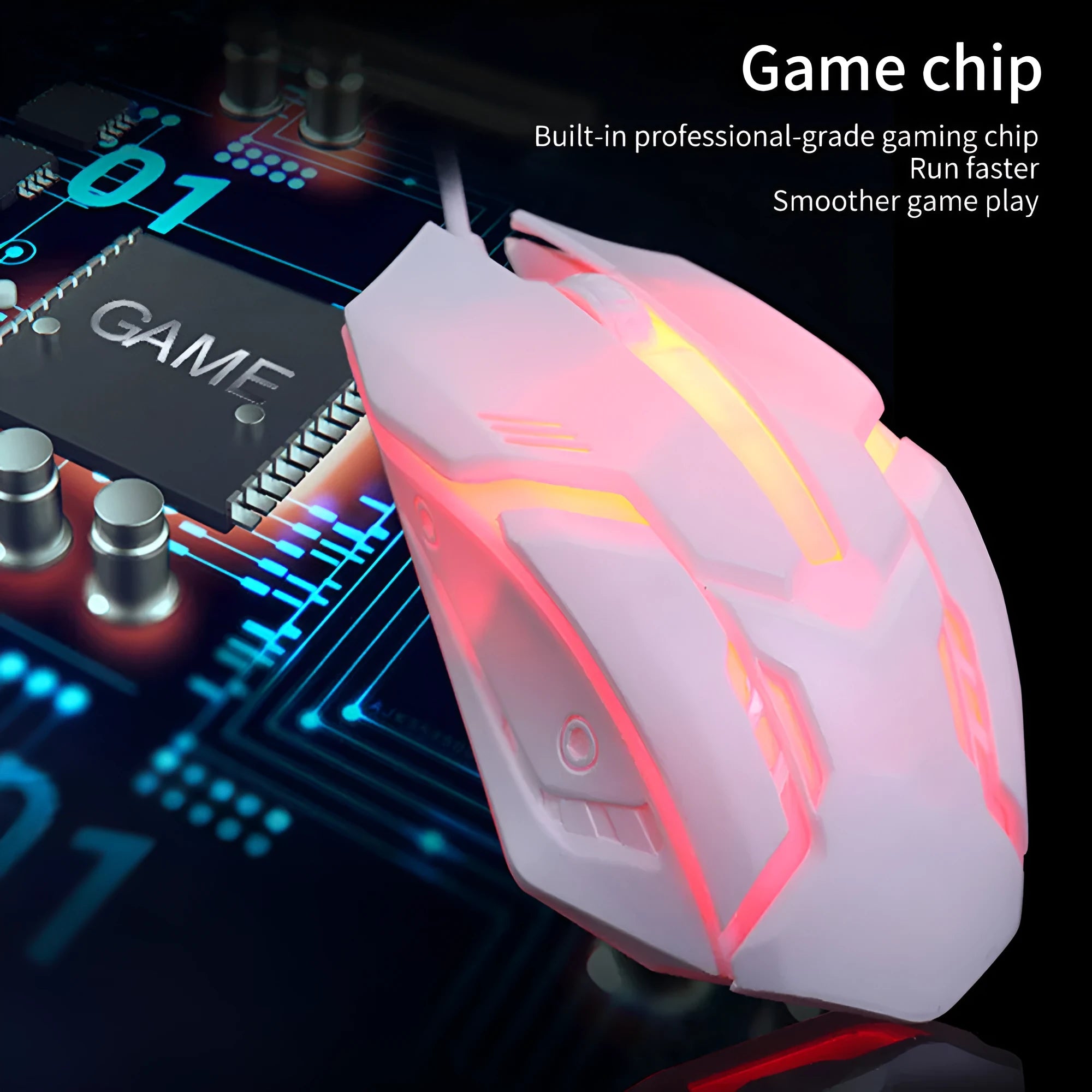 Wired computer mouse with colourful glow lighting and USB cable for desktop computers