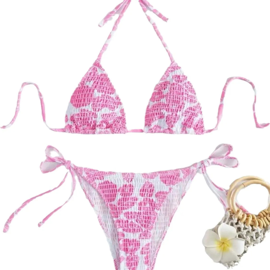 Women's floral pattern halter neck swimsuit bikini set in multiple colour options