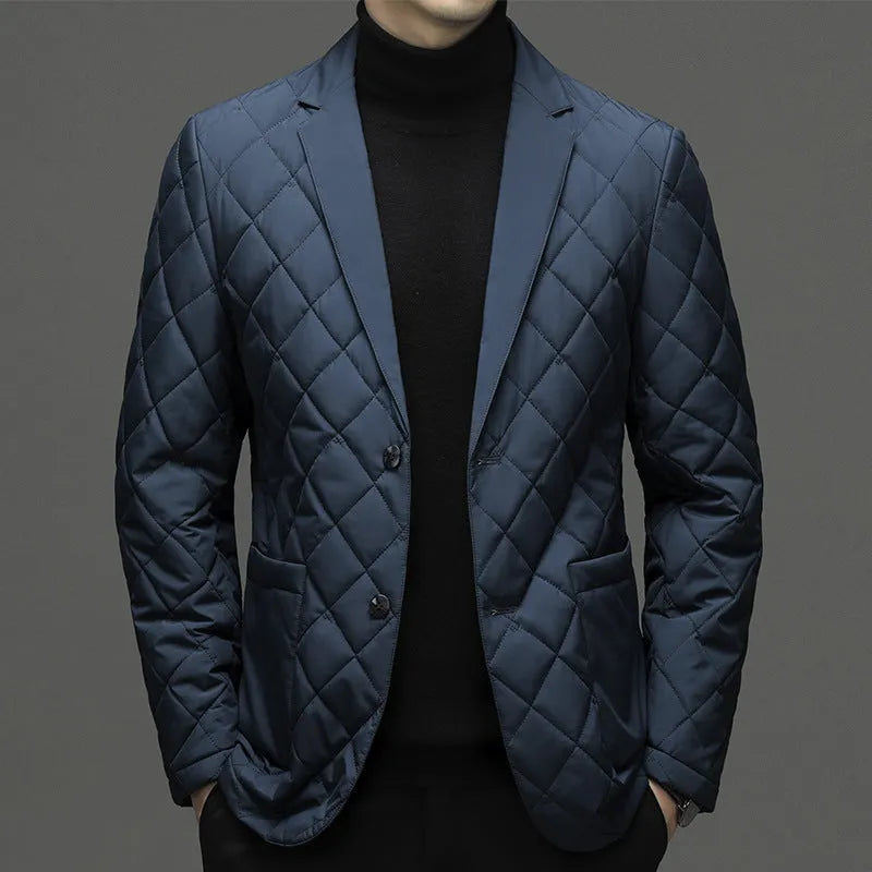 Men's black down jacket with cardigan lapel and side seam pockets