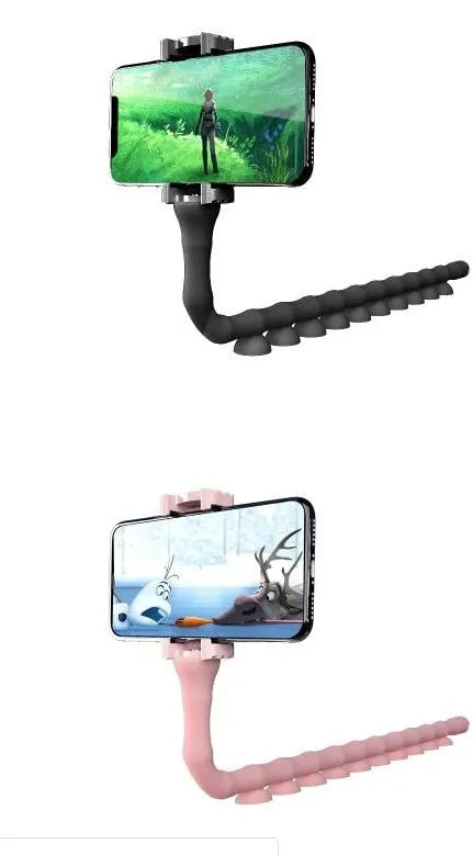 Flexible rubber phone holder with suction cup base showing 360 degree rotation capability