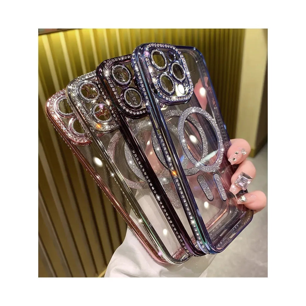 Wireless magnetic iPhone case in deep purple with soft silicone back and electroplating details.
