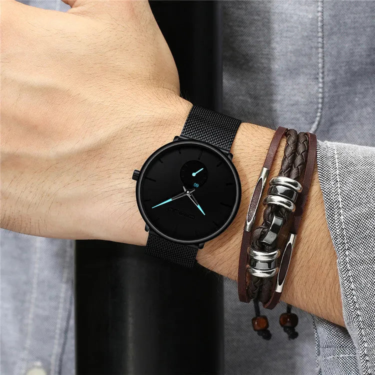 Simple ultra-thin round mesh belt watch with blue needle display