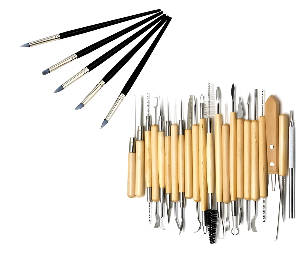 27-piece brown pottery clay tool set with stainless steel tools in a storage roll