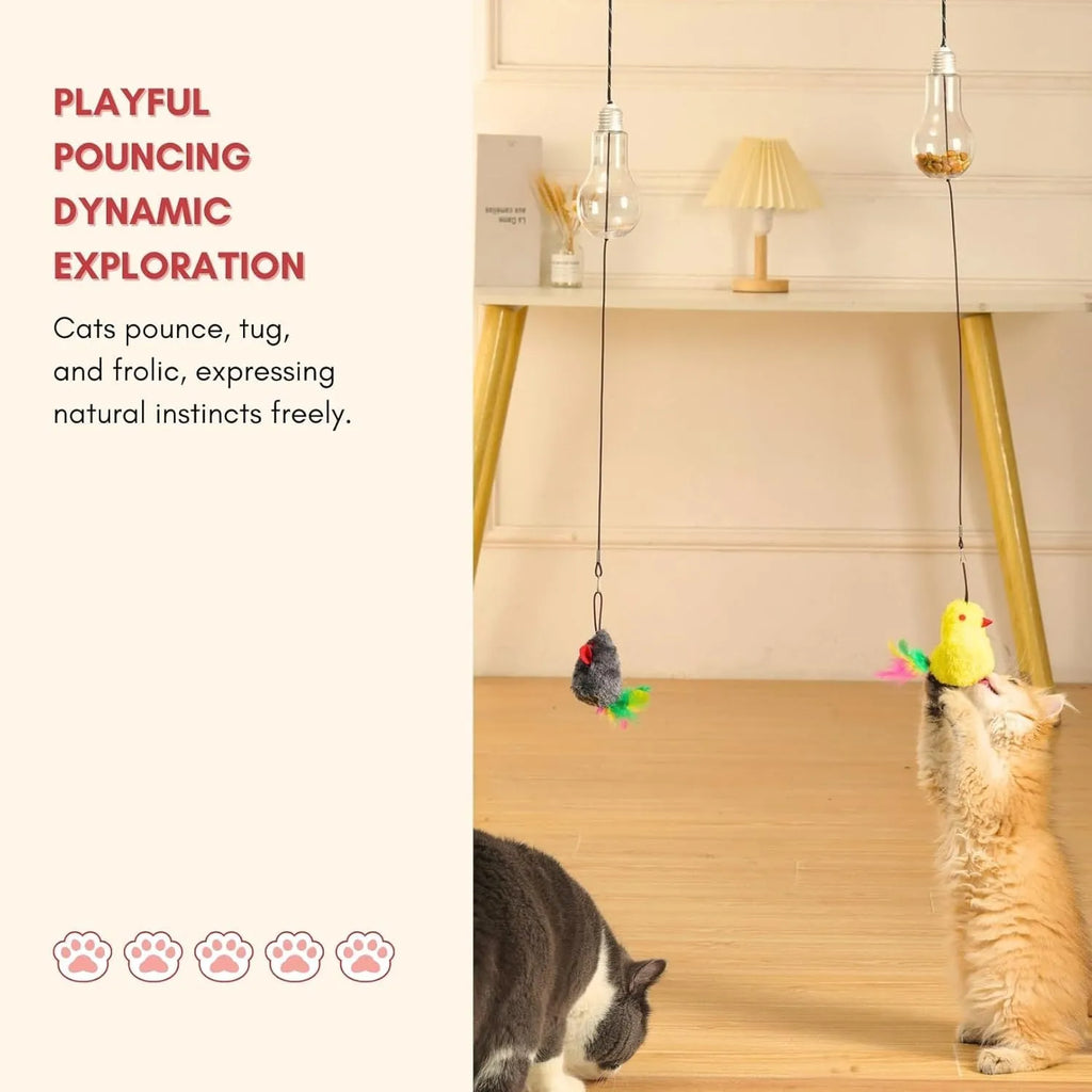 Grey and yellow interactive cat toy with retractable elastic rope, dangling mouse toy, and treat dispenser bulb