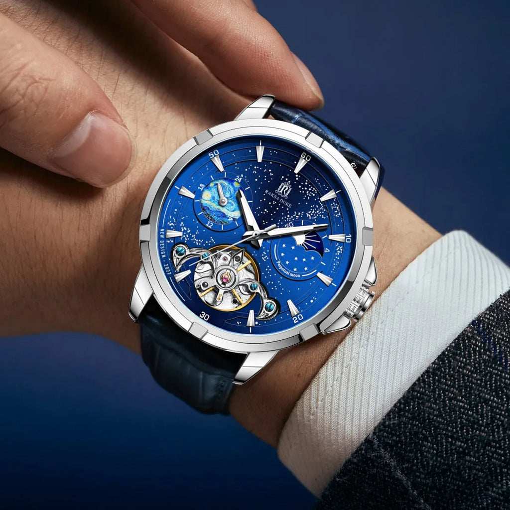 Men's blue dial automatic mechanical watch with 14mm thickness showing time display