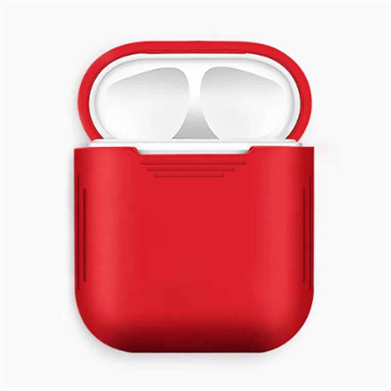Silicone AirPods case in various colours with attached anti-loss rope and earmuff accessories.