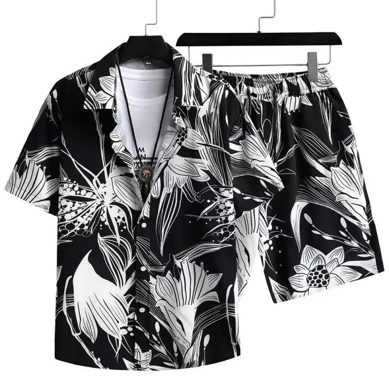 Men's casual suit with digital printing on cardigan shirt and matching shorts