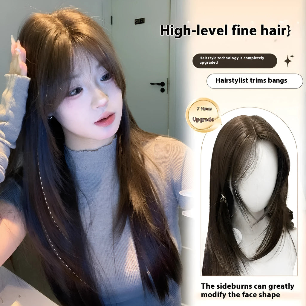 Long straight layered synthetic wig in cold brown colour on a wig stand, showing lace front detail.