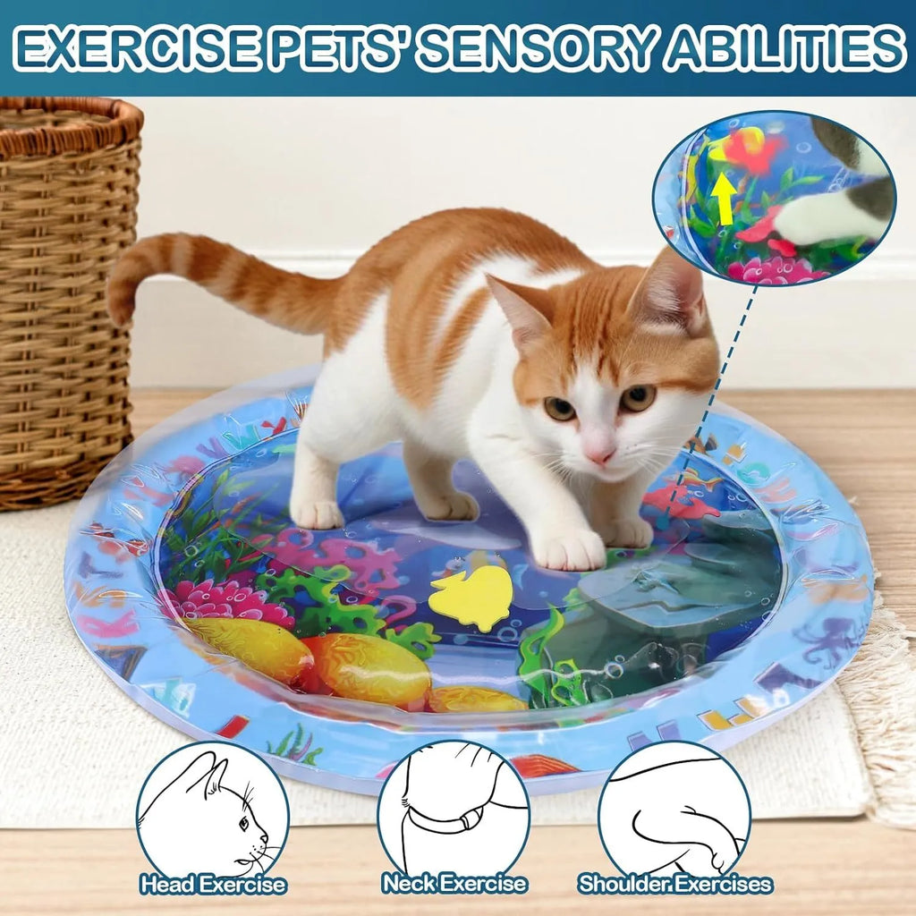 Large blue square water play mat for cats with floating fish toys inside, on a floor.