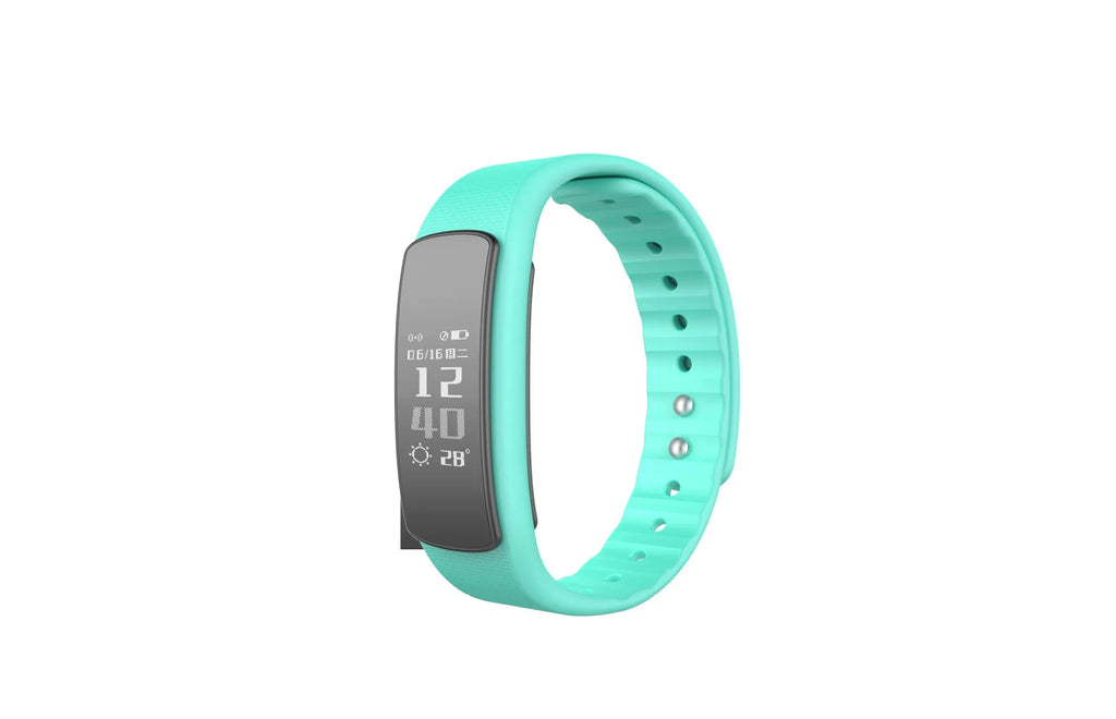 I6 smart sports bracelet with 0.96 inch display in black or green colour options showing fitness tracking functions