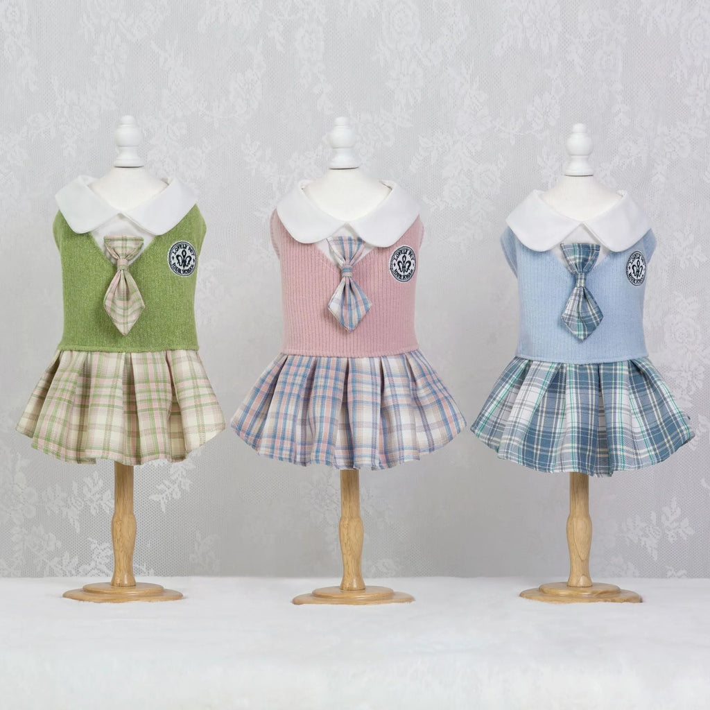Pet dog wearing blue tartan skirt with princess style design