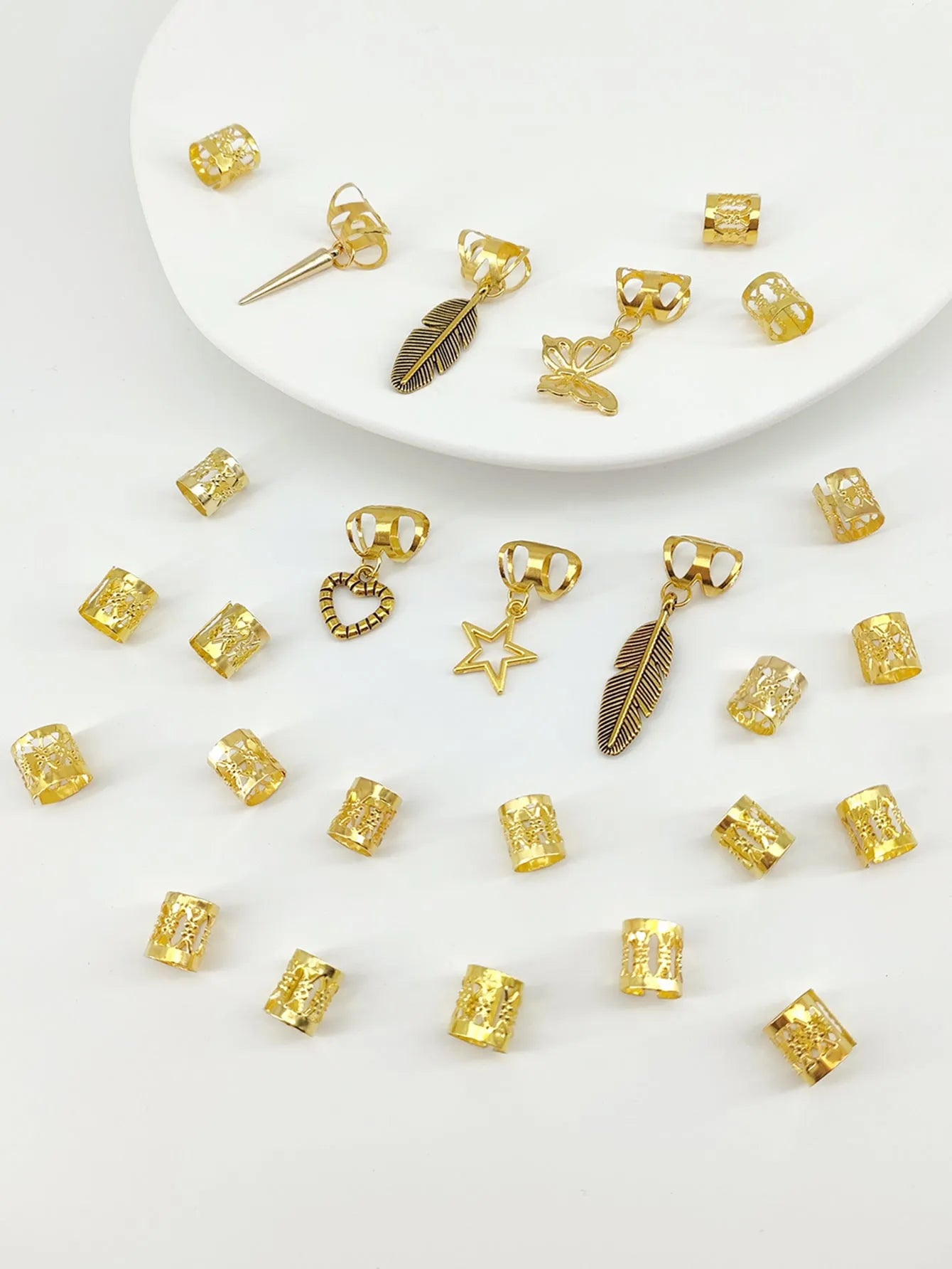Antique style dirty braid hair rings with leaf design in electroplated gold or silver finish