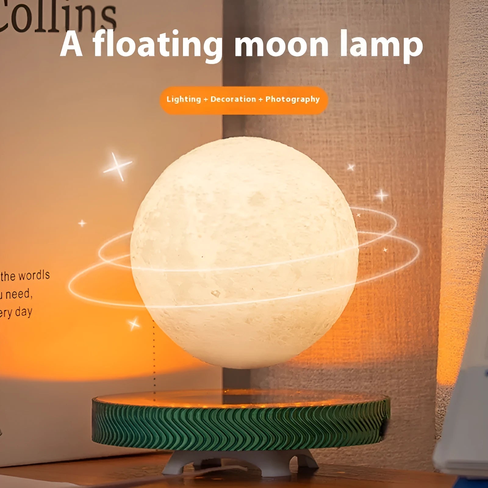 Modern magnetic suspension moon night lamp with 3D printed design on a bedside table