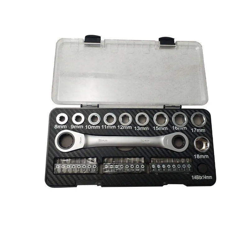 Ratchet wrench set with two-way mechanism, sockets, and batch heads on a work surface