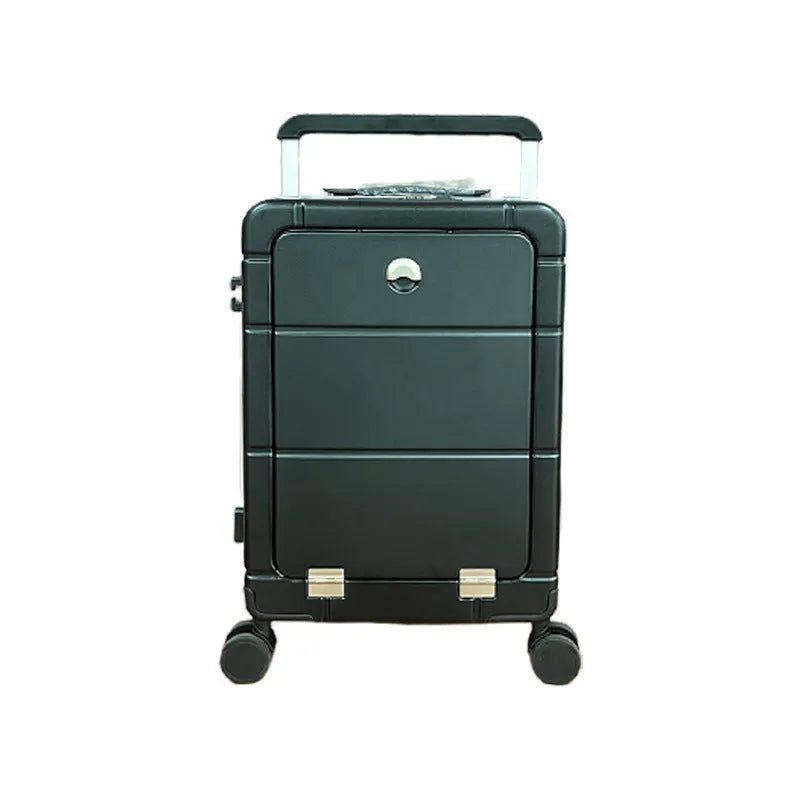 20-inch front-opening ABS PC suitcase in black showing cup holder and universal wheels.