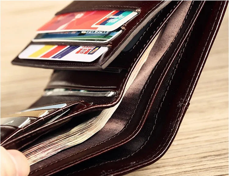 Men's leather bi-fold wallet with RFID protection in black or coffee brown
