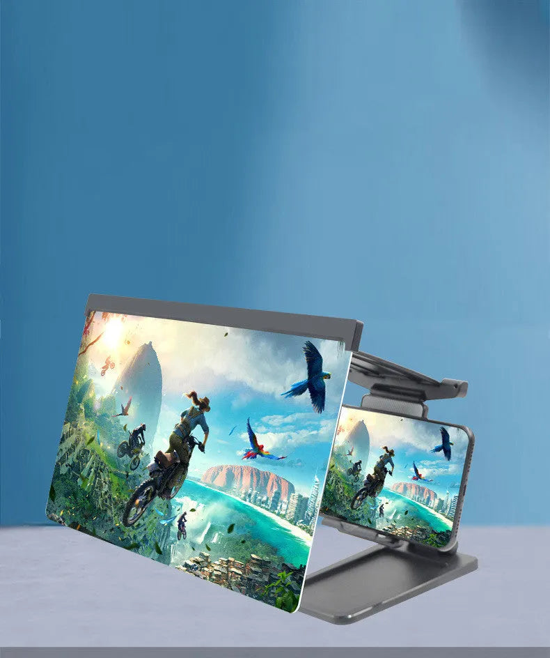 Black mobile phone screen amplifier with detachable phone holder on desktop surface