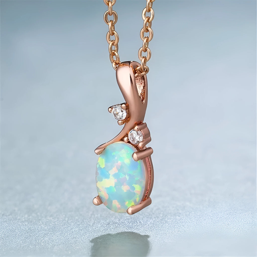 Adjustable water drop opal pendant necklace with alloy chain in rose gold or white finish