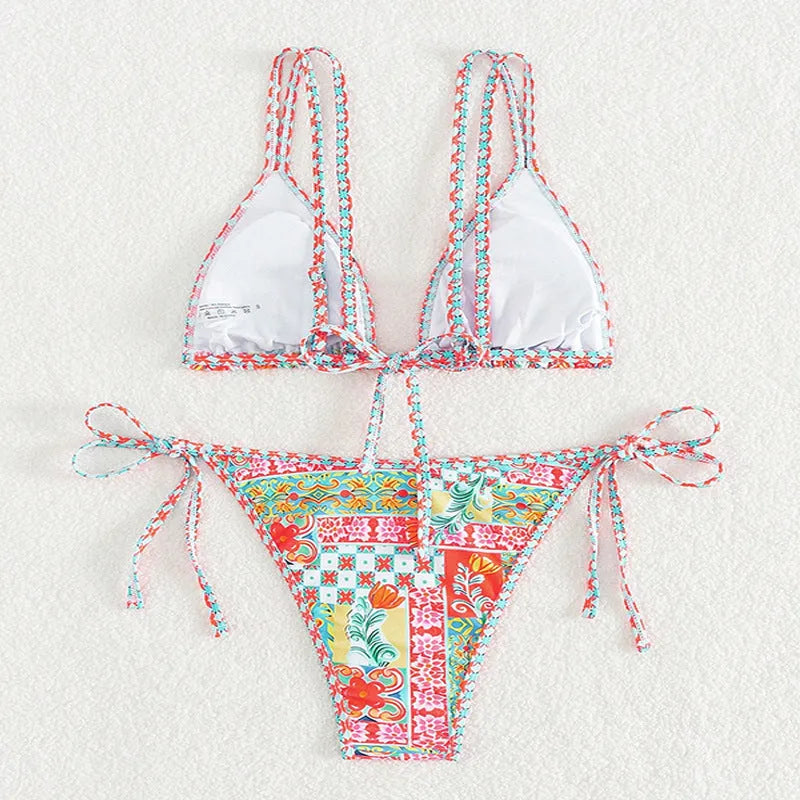 Women's lace-up front split briefs swimsuit bikini set in picture colour.
