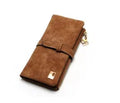Women's long leather-style wallet with two-fold draw design in multiple colour options showing card compartments