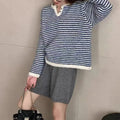 Red and blue striped cashmere pullover sweater for women with plaid pattern and loose fit.