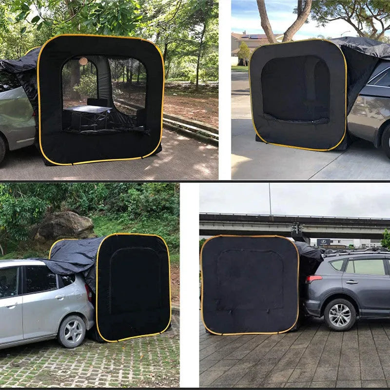 Black pop-up outdoor camping car tail tent unfolded to 200cm dimensions with quick account throw design
