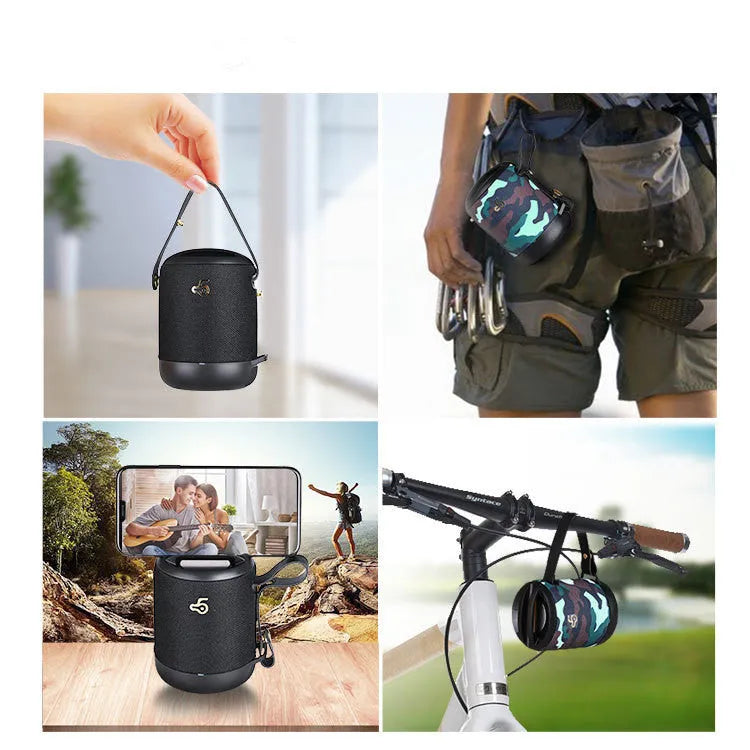 Mini portable Bluetooth speaker with subwoofer in multiple colours showing carrying belt