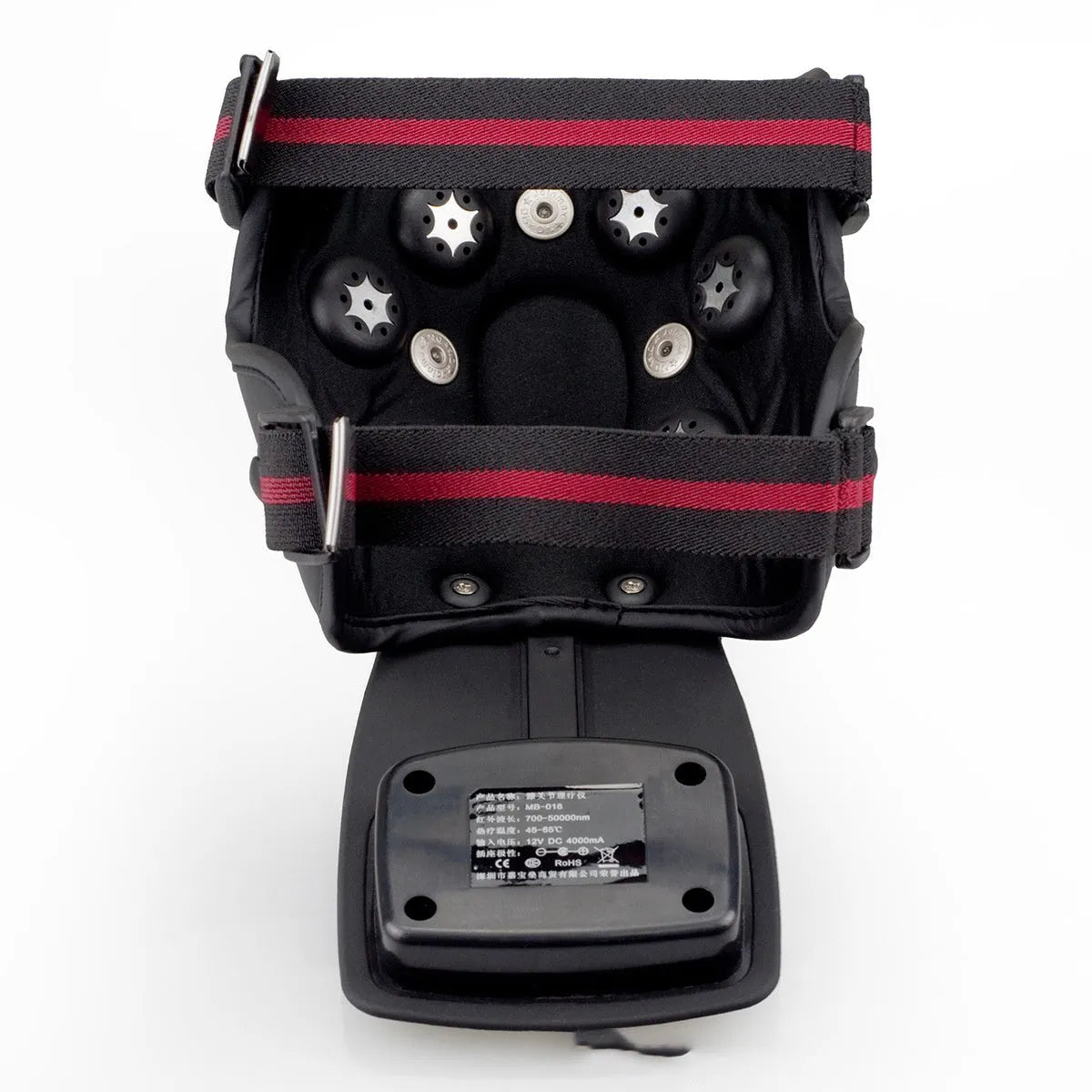 Knee massager unit with infrared heat therapy, adjustable temperature control, and included knee pads and shoulder pads.