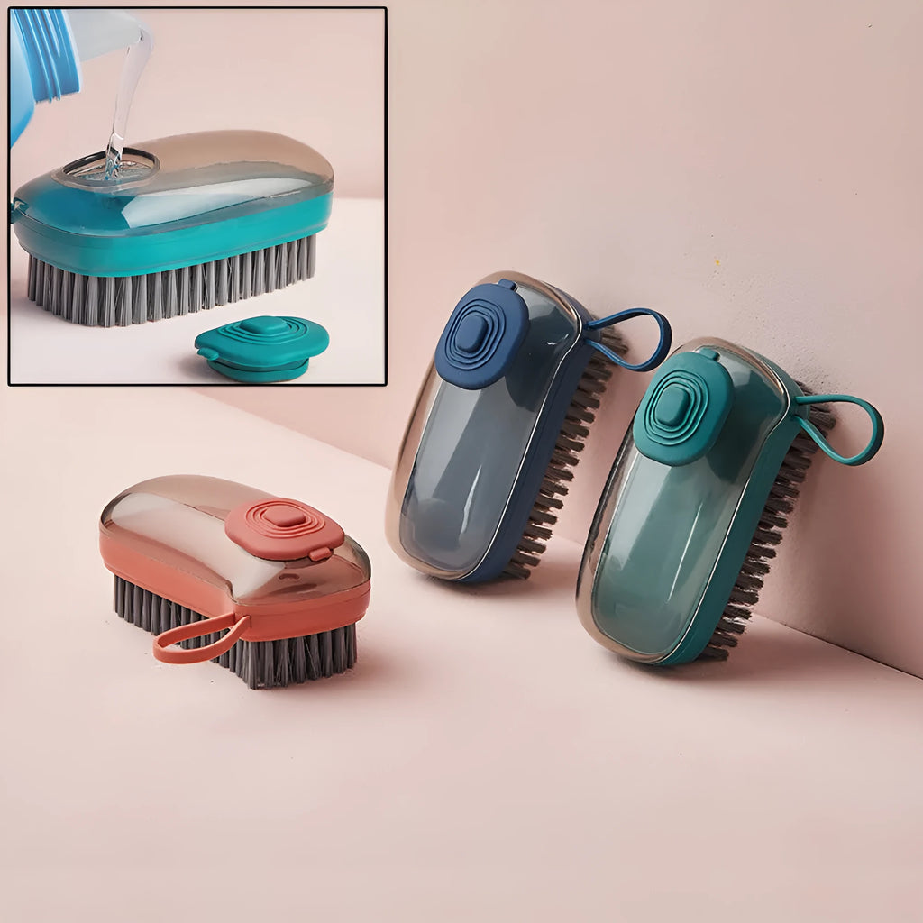 Automatic liquid cleaning brush with ergonomic grip in blue, green, or red colours with replacement heads