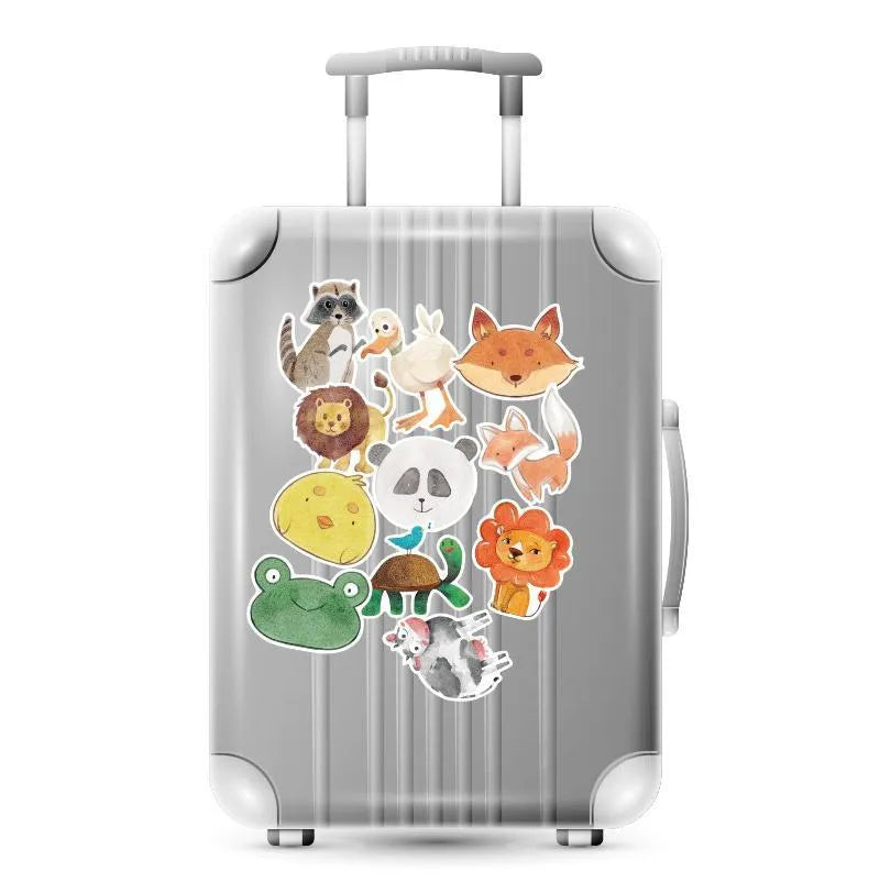 Set of 36 large retro beach theme vinyl stickers with surfing and travel designs on a white background.