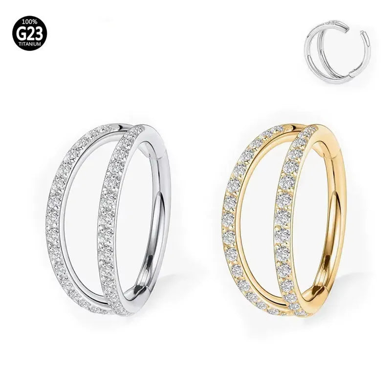 Close-up of a G23 titanium alloy nose ring with a monoclinic diamond finish, shown in steel colour and gold colour options.