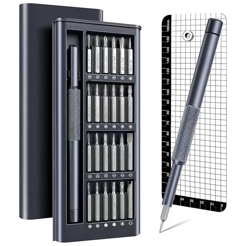 25-in-one magnetic precision screwdriver set with knurled ABS handle and chrome vanadium steel bits.