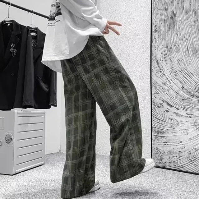 Japanese retro plaid loose fit trousers in straight leg design available in black or green