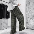 Japanese retro plaid loose fit trousers in straight leg design available in black or green